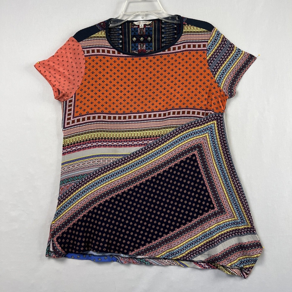 John Mark Tunic Top Womens Medium Embroidered Colorful Boho Artsy Asymmetrical